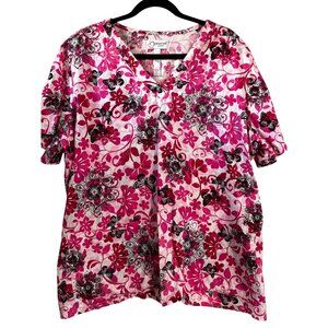 Peaches Uniforms Womens Floral Butterfly Print Scrub Top Short Sleeve V-Neck